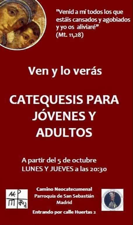 Cartel de las catequesis para jóvenes y adultos con el lema «Ven y lo verás»