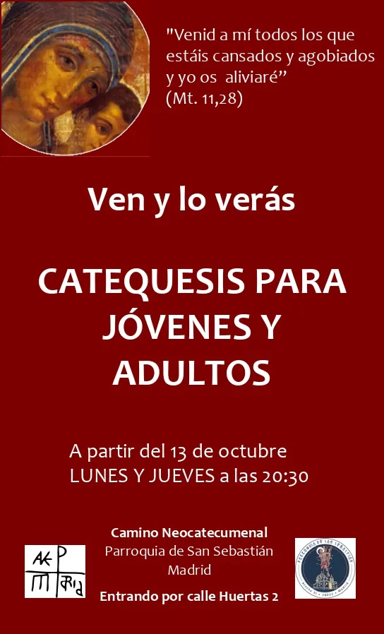 Cartel de las catequesis para jóvenes y adultos con el lema «Ven y lo verás»