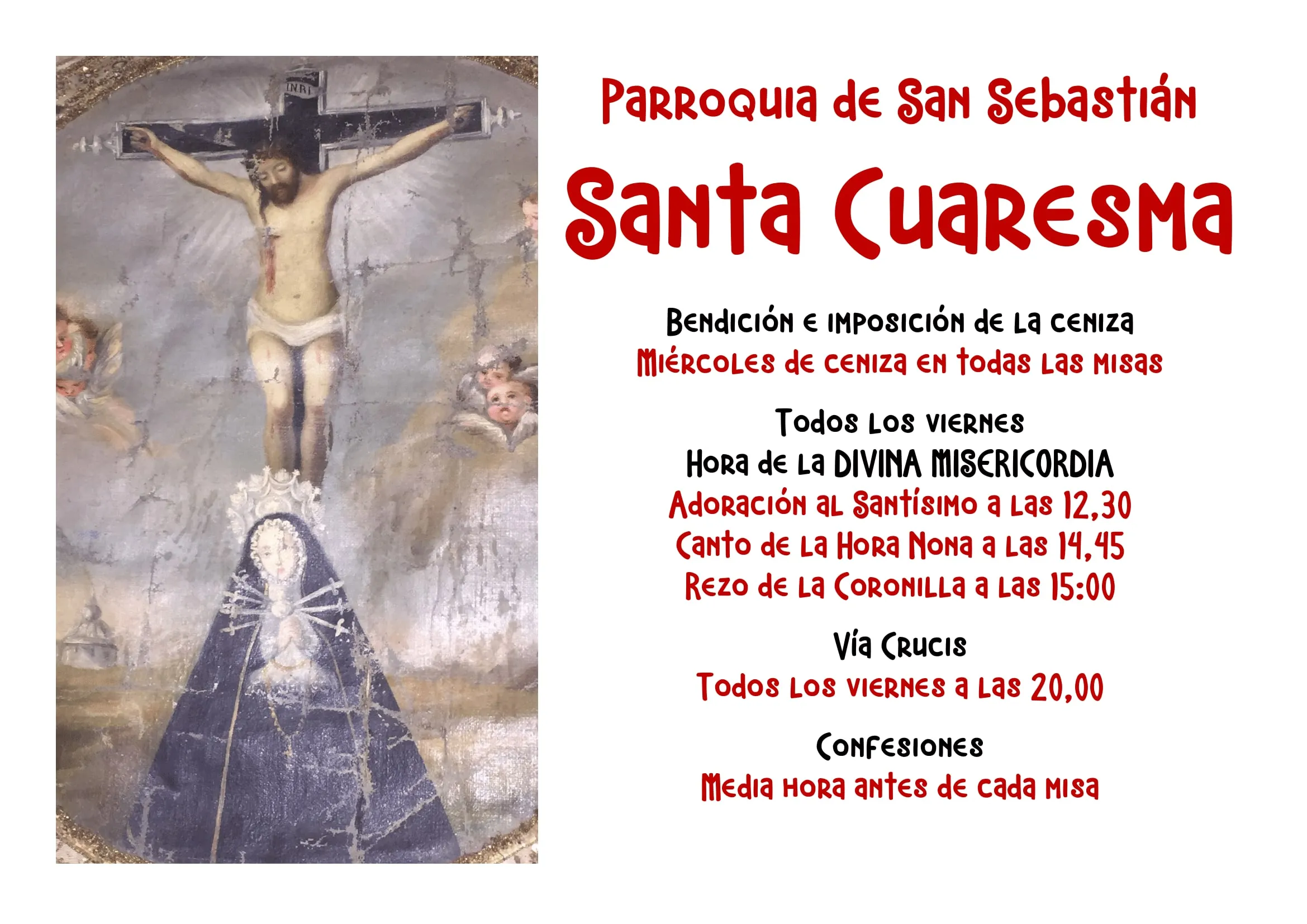 Lent 2024 poster: Christ crucified above Our Lady of Sorrows, next to the timetable