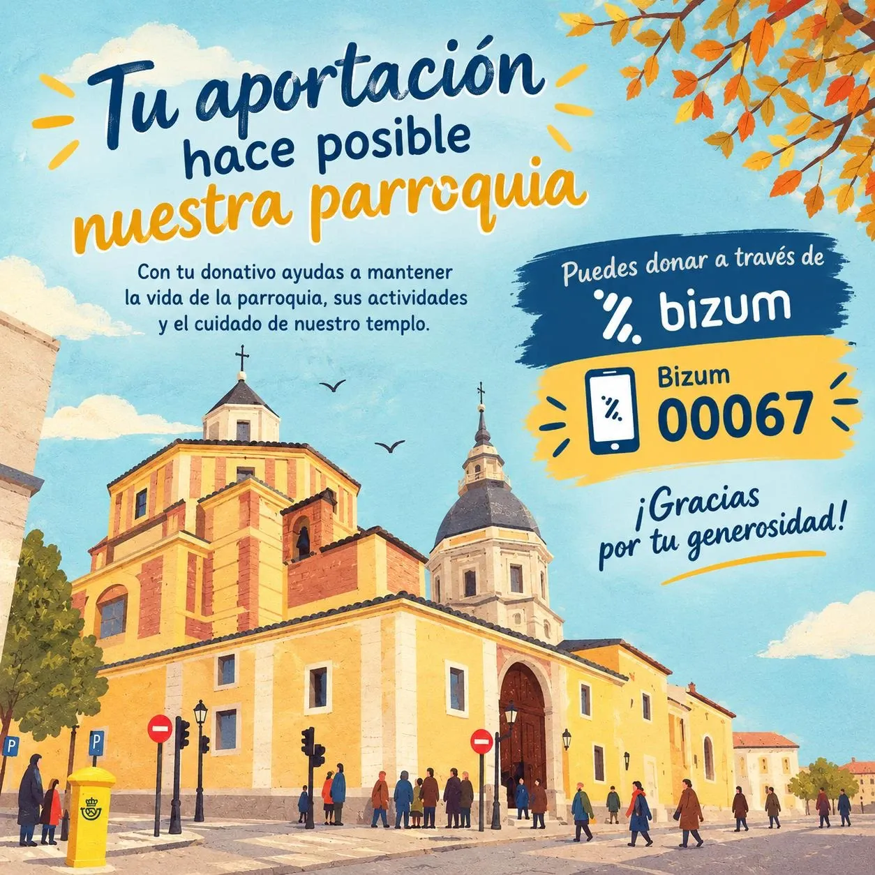Cartel «Tu aportación hace posible nuestra parroquia» con el código de Bizum 00067