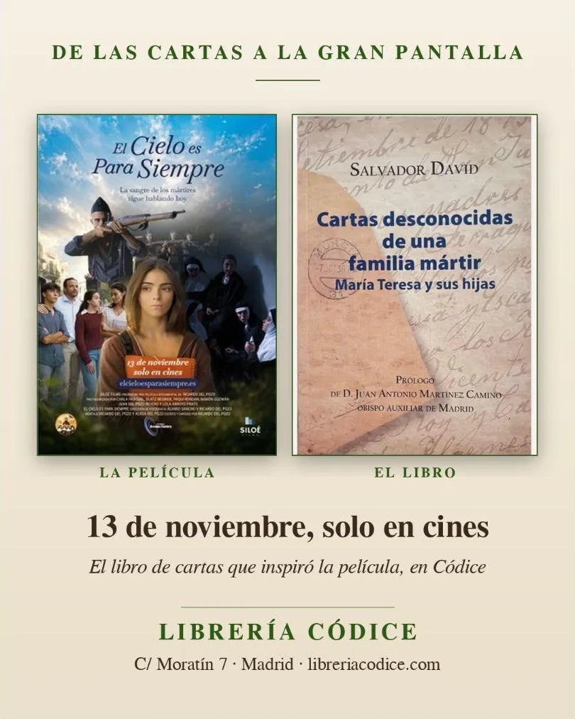 Cartel de la Librería Códice con la película «El Cielo es para siempre», que se estrena el 13 de noviembre, y el libro «Cartas desconocidas de una familia mártir», de Salvador David