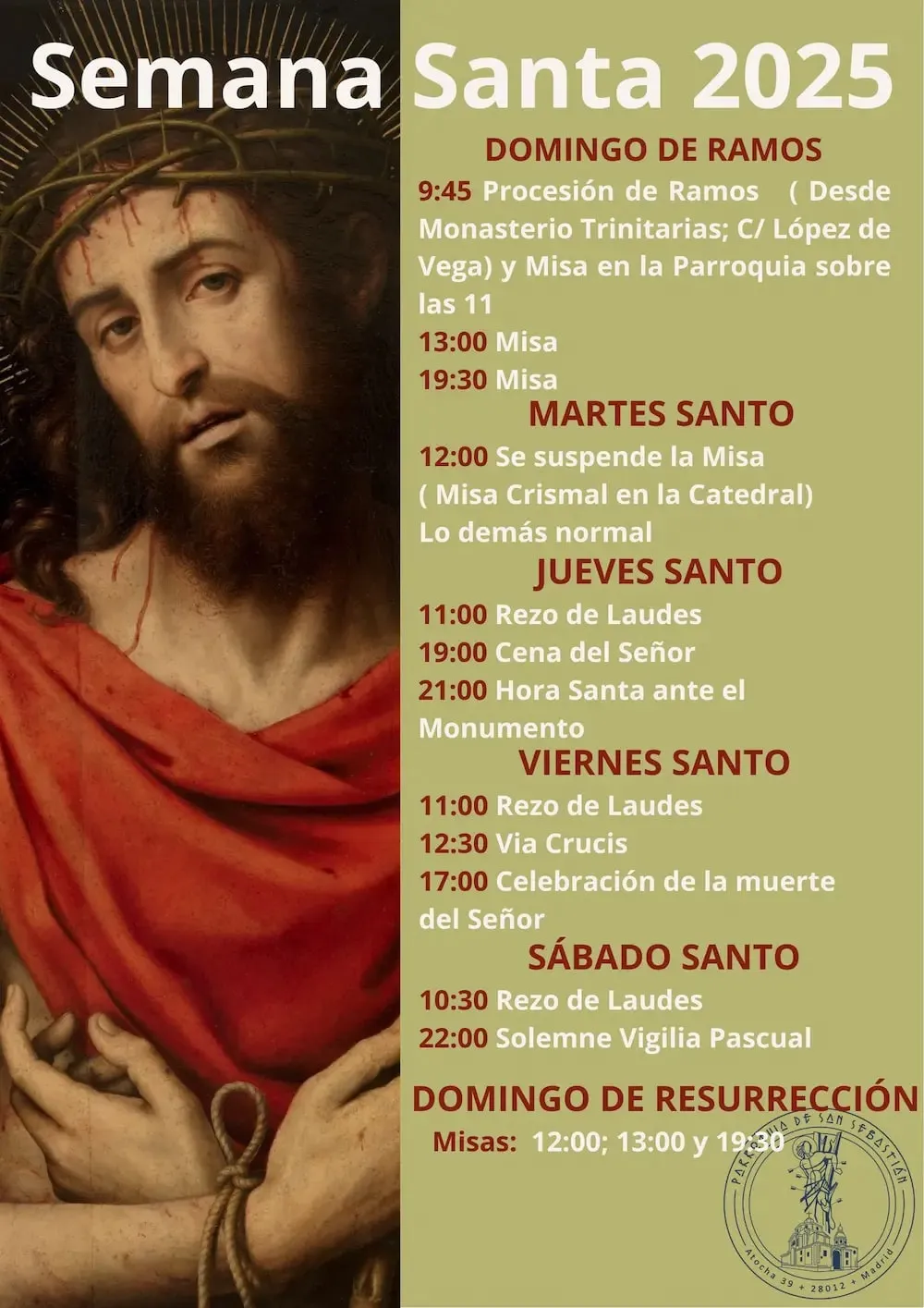 Cartel de la Semana Santa 2025: Cristo con la corona de espinas y el manto rojo, junto a los horarios