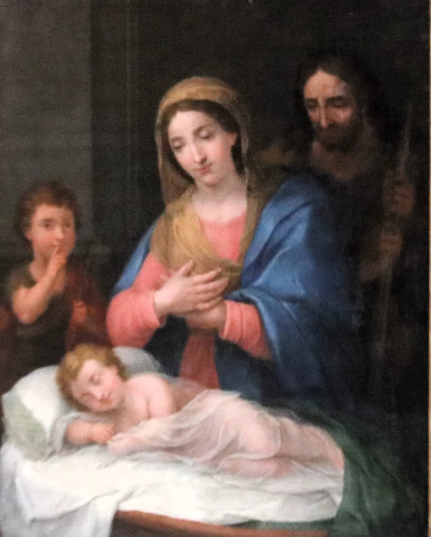 Painting of the Virgin gazing at the sleeping Child, with Saint Joseph and the young Saint John raising a finger to his lips